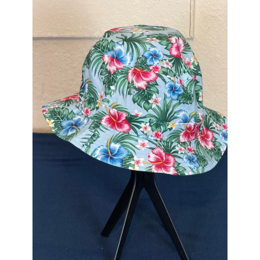 Bucket Hat OS Blue Tropical Hibiscus Floral Pukka Summer Beachwear Vacation Core